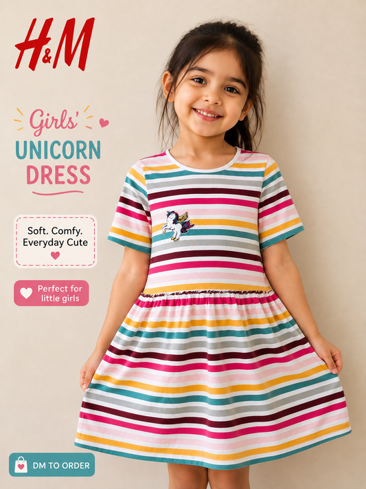 H&M Girls Rainbow Stripe Unicorn Dress – Cute Cotton Casual Dress
Product Description
