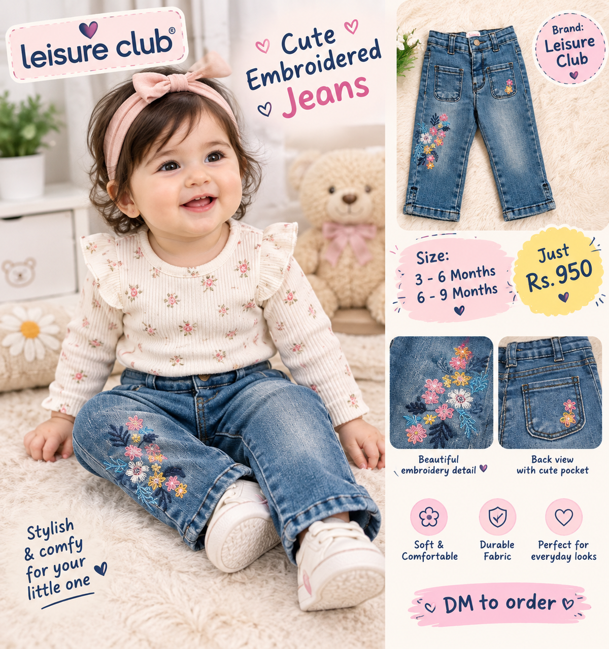 Leisure Club Cute Embroidered Jeans for Baby Girls | Soft & Comfy Denim Trousers