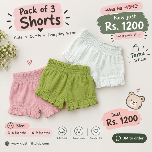 Pack of 3 Baby Girls Ruffle Shorts | Cute & Comfy Everyday Casual Wear