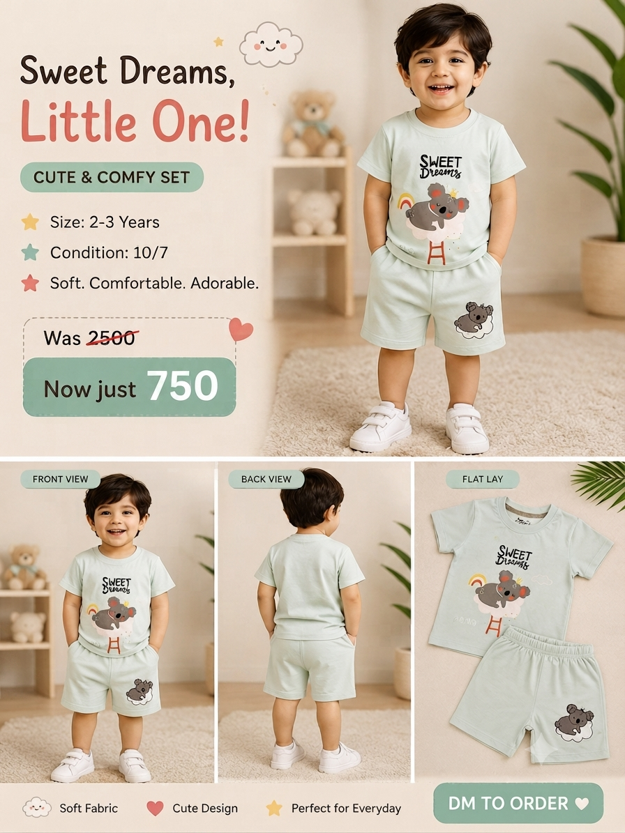 Toddler Mint Green Koala Print T-Shirt & Shorts Set (2–3 Years) – Casual Nightwear/Loungewear