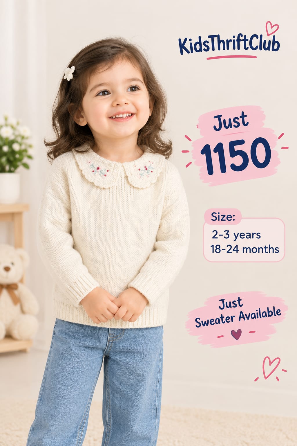 Cream Knit Sweater with Embroidered Collar for Toddler Girls
