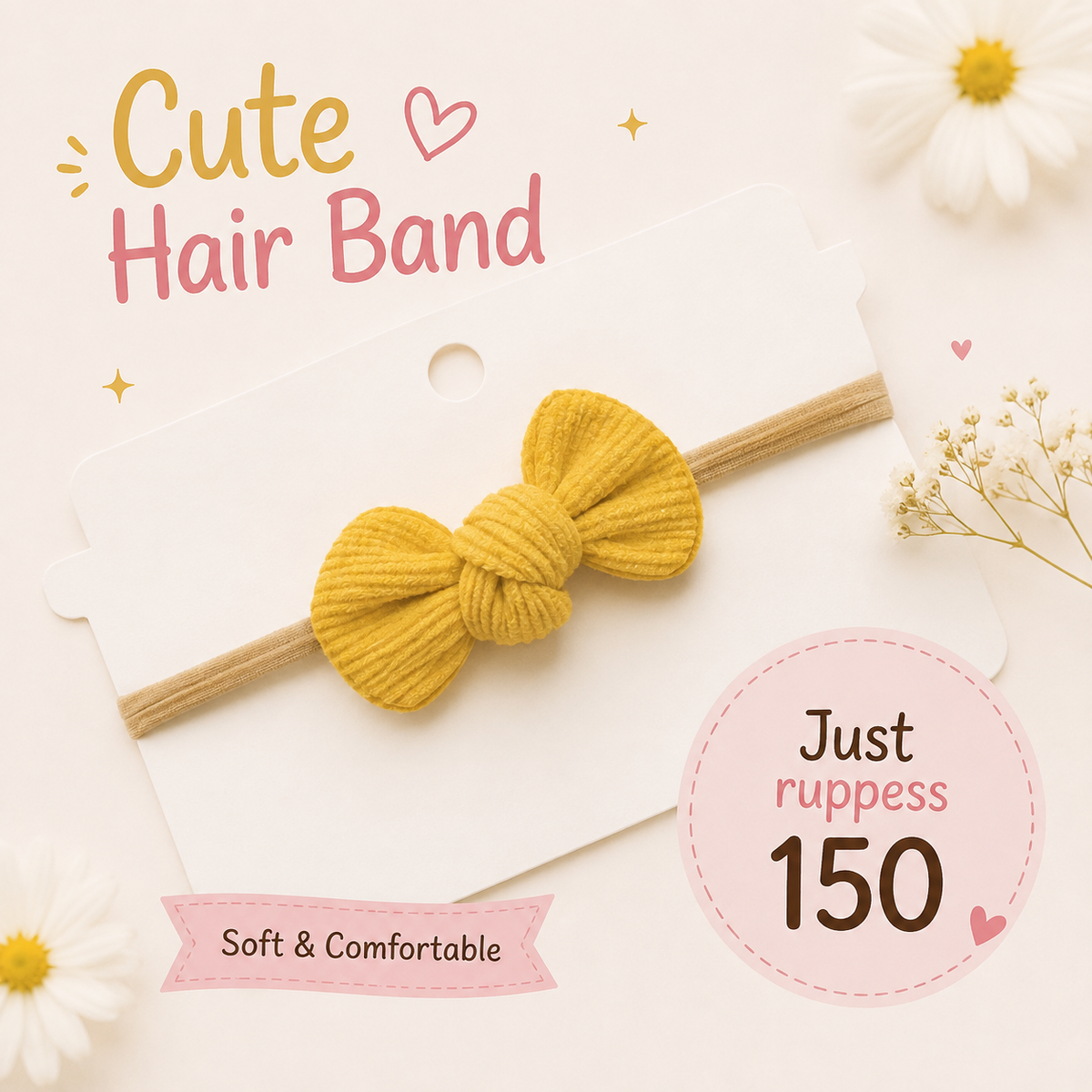 Soft Ribbed Corduroy Mustard Yellow Baby Bow Headband – Stretchy Nylon Hairband