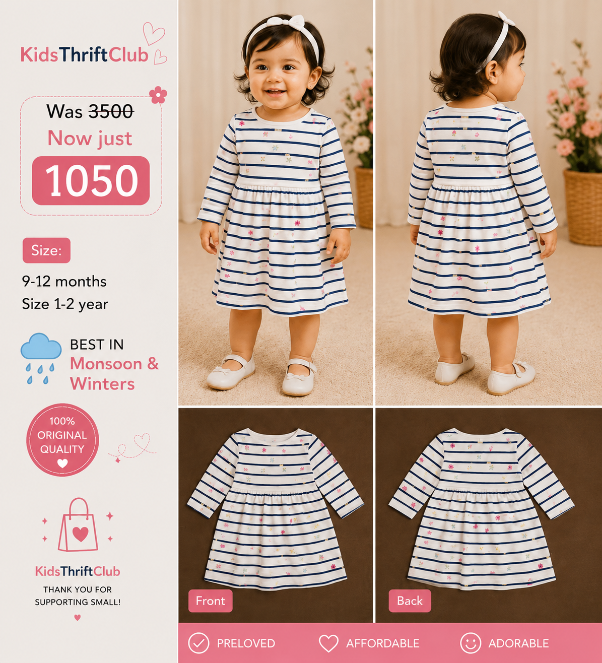 Casual White & Navy Striped Baby Girl Dress with Floral Motif