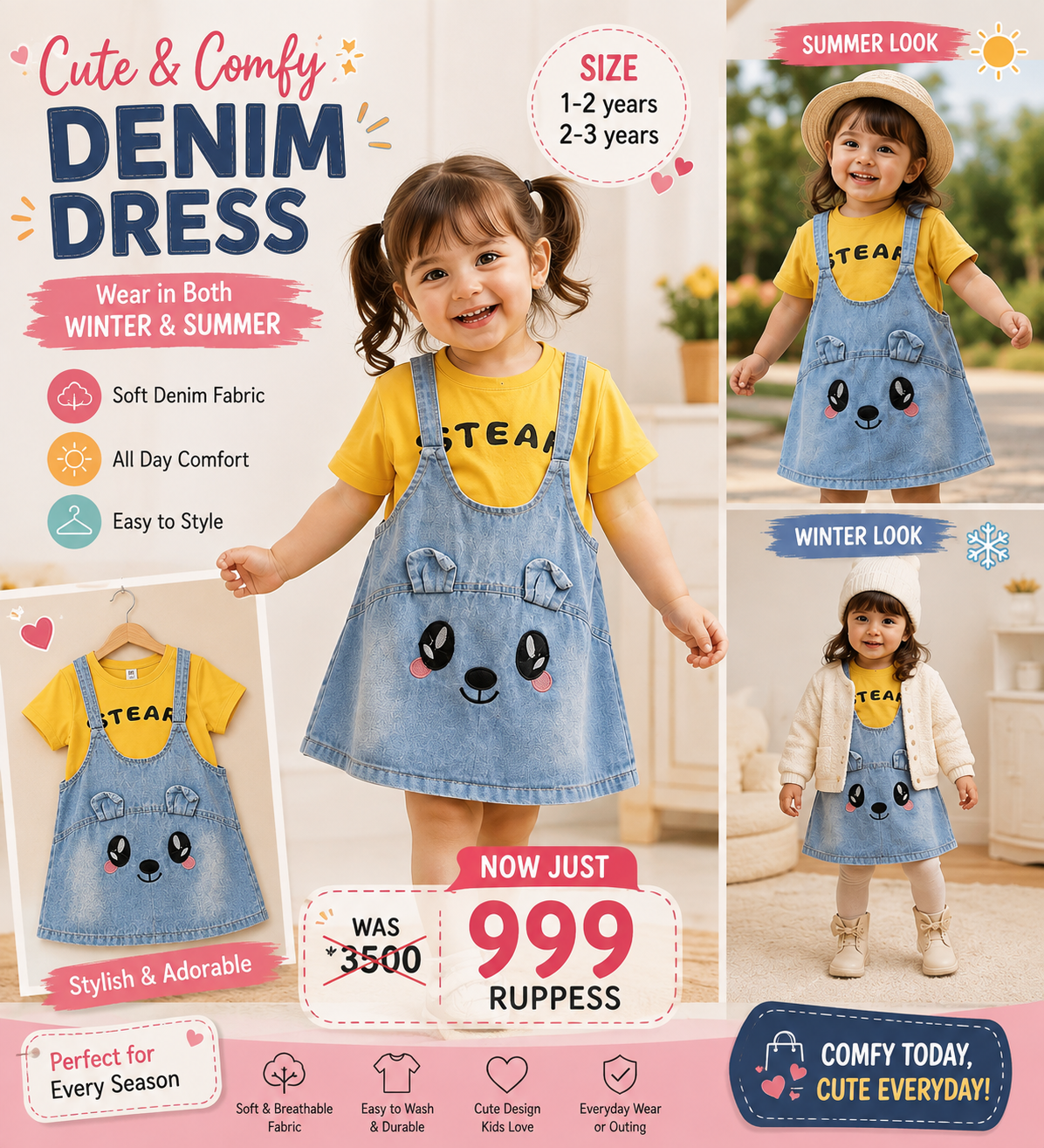 2-Piece Bear Face Denim Dress & Yellow T-Shirt Outfit Set