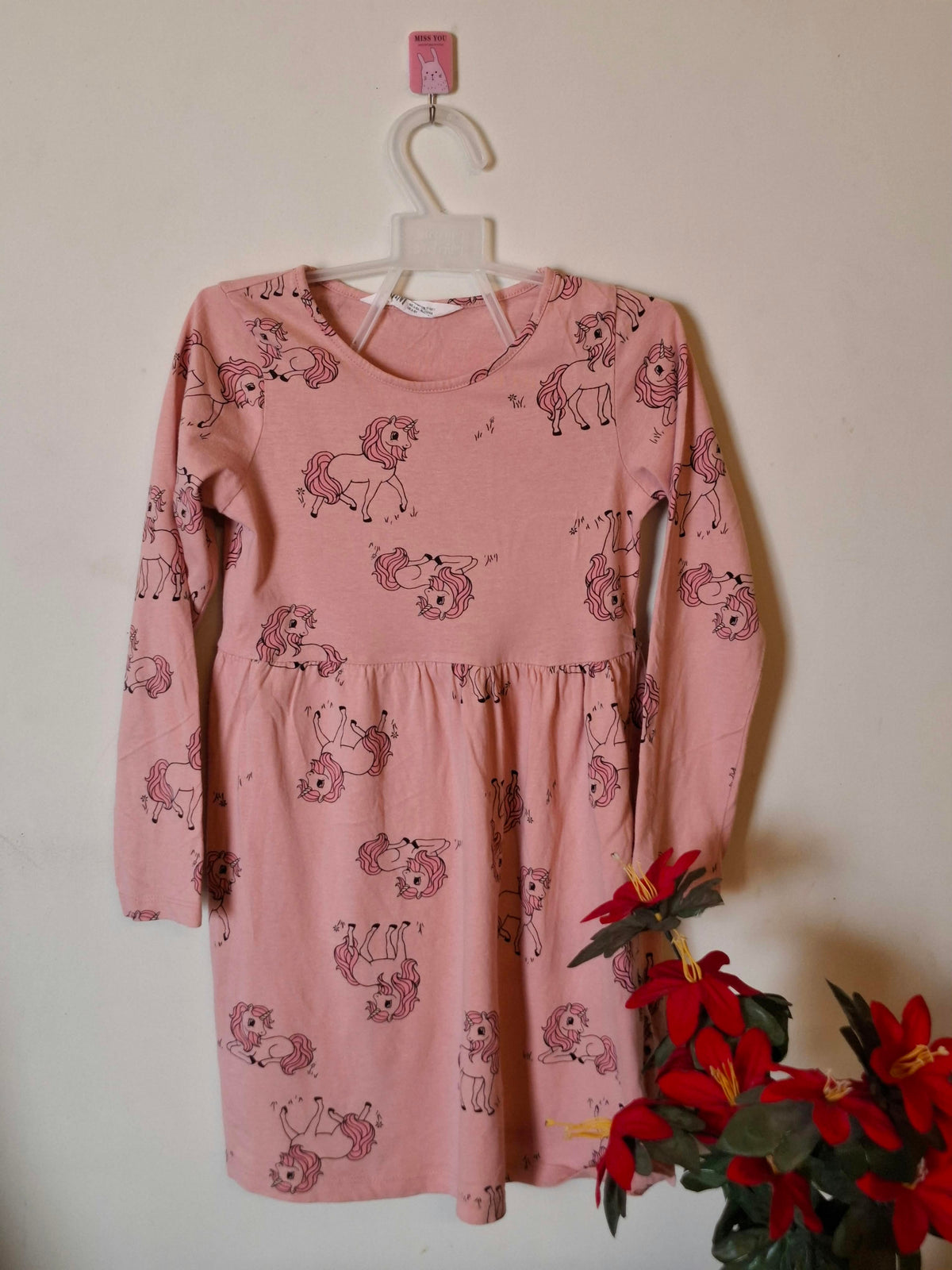 H&M Girls Pink Unicorn Print Dress – Soft & Comfortable Full-Sleeve Dress