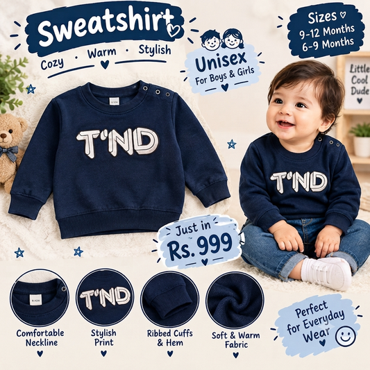 Navy Blue "T'ND" Graphic Winter Sweatshirt for Babies | Cozy Unisex Pullover