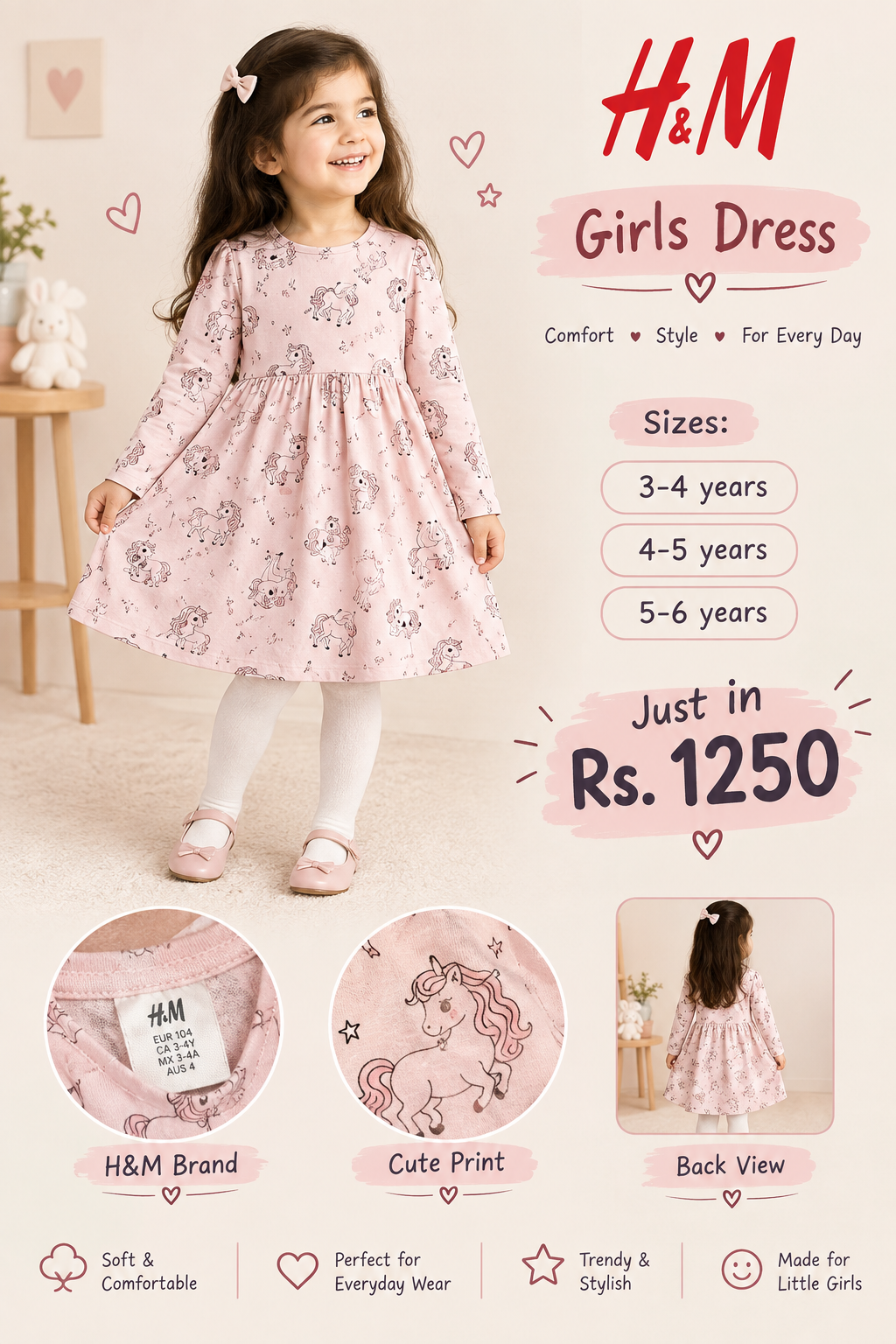 H&M Pink Unicorn Print Long-Sleeve Girls Dress