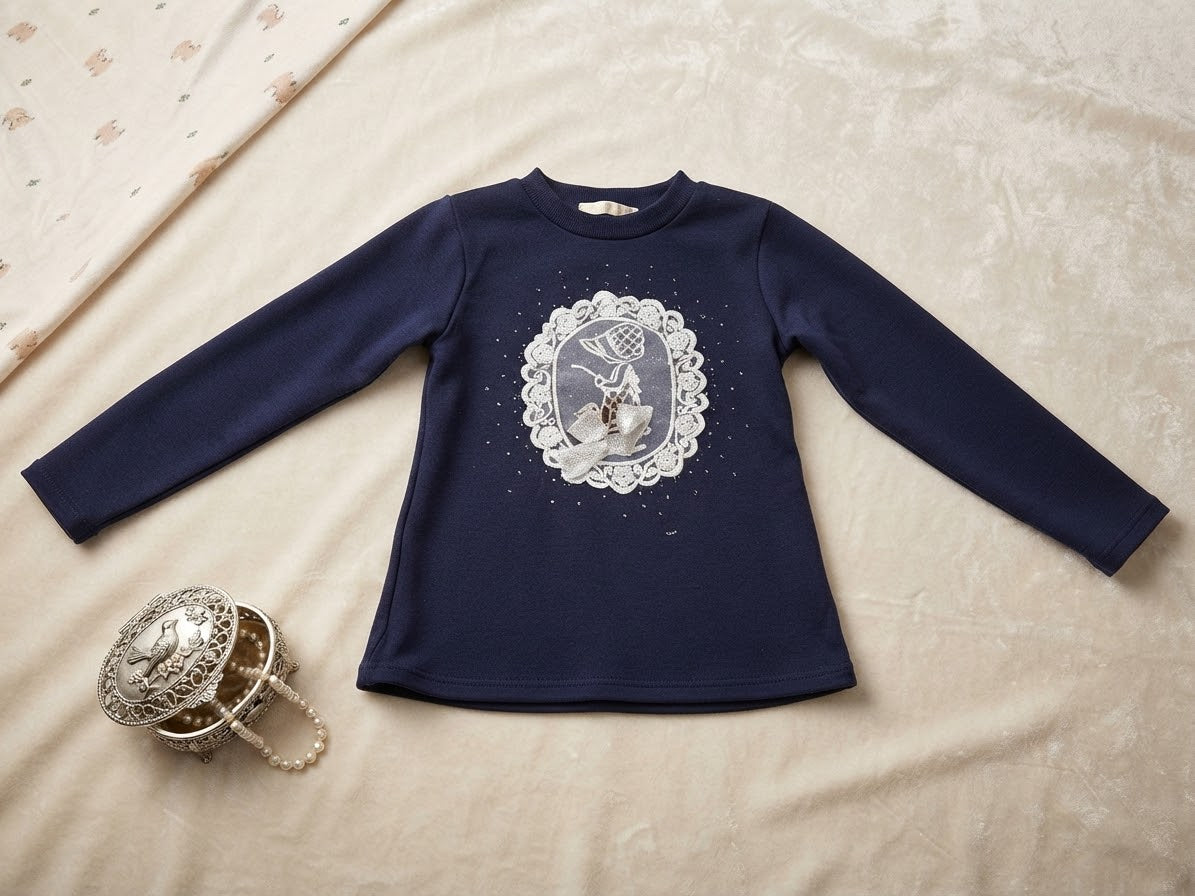 Navy Blue Graphic Long-Sleeve Shirt for Girls