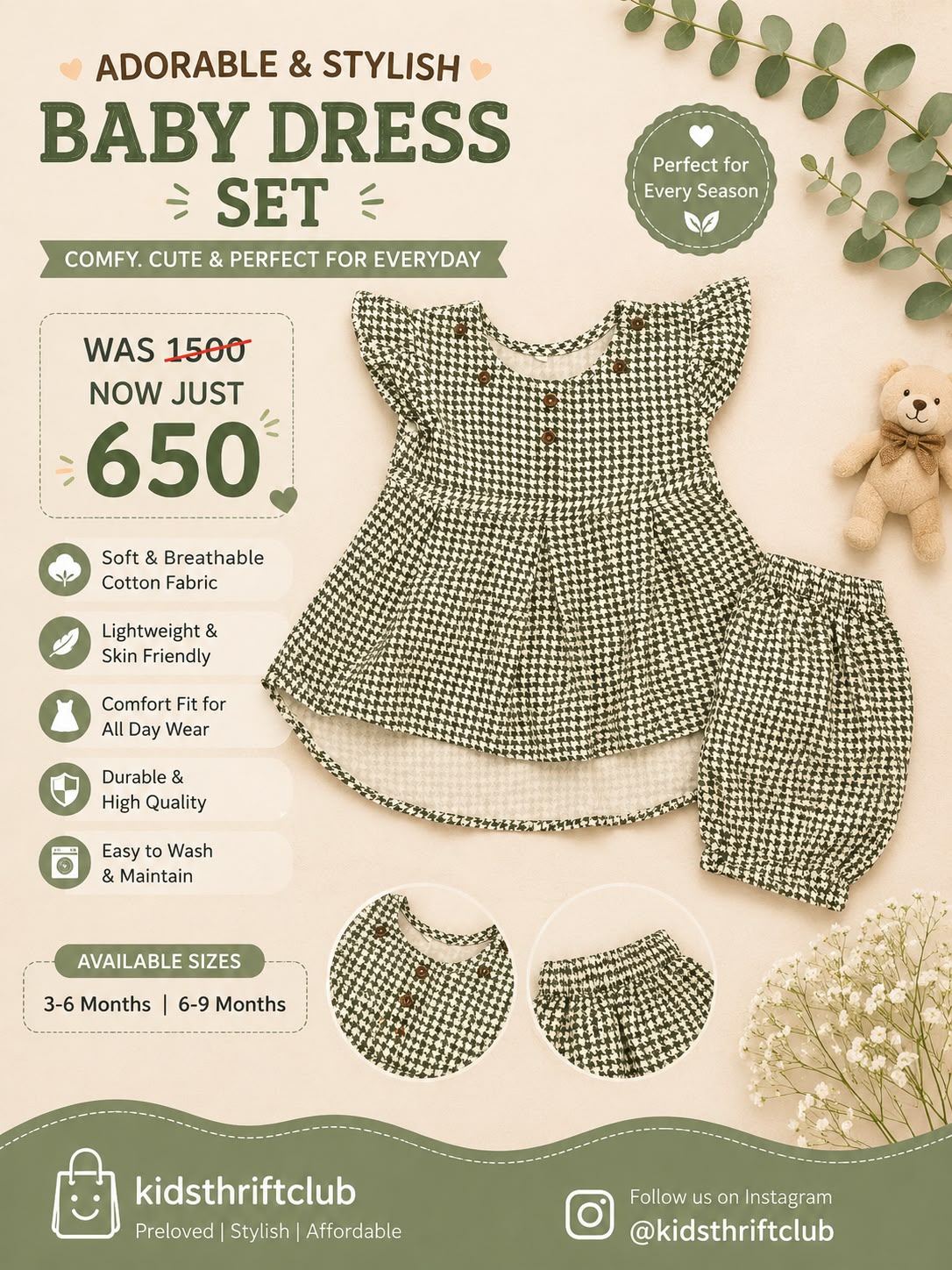Girls 2-Piece Houndstooth Dress Set – Baby Cotton Outfit