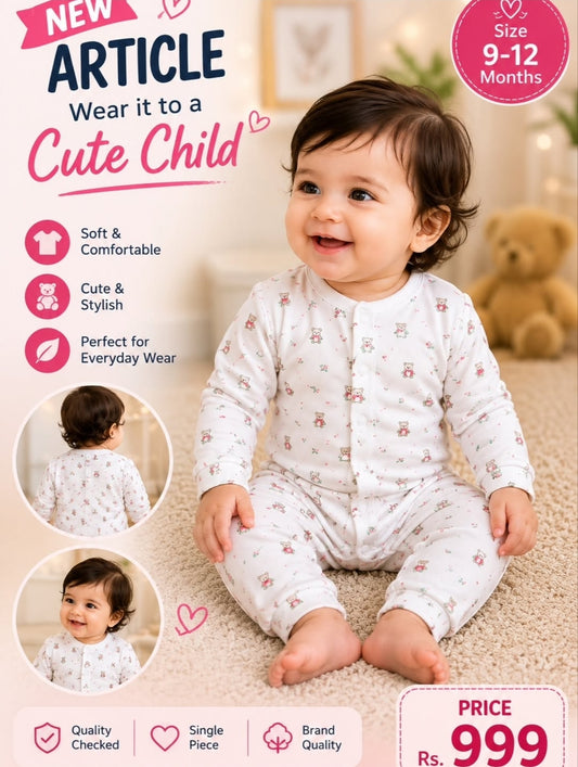 Baby Bear Print Cotton Sleepsuit | Unisex Baby Romper