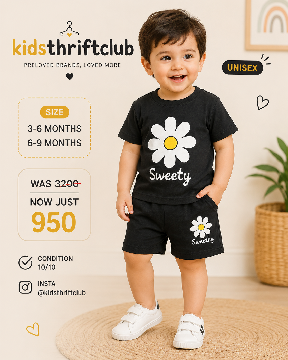 Unisex Baby Black Daisy T-Shirt & Shorts Set – “Sweety” Print