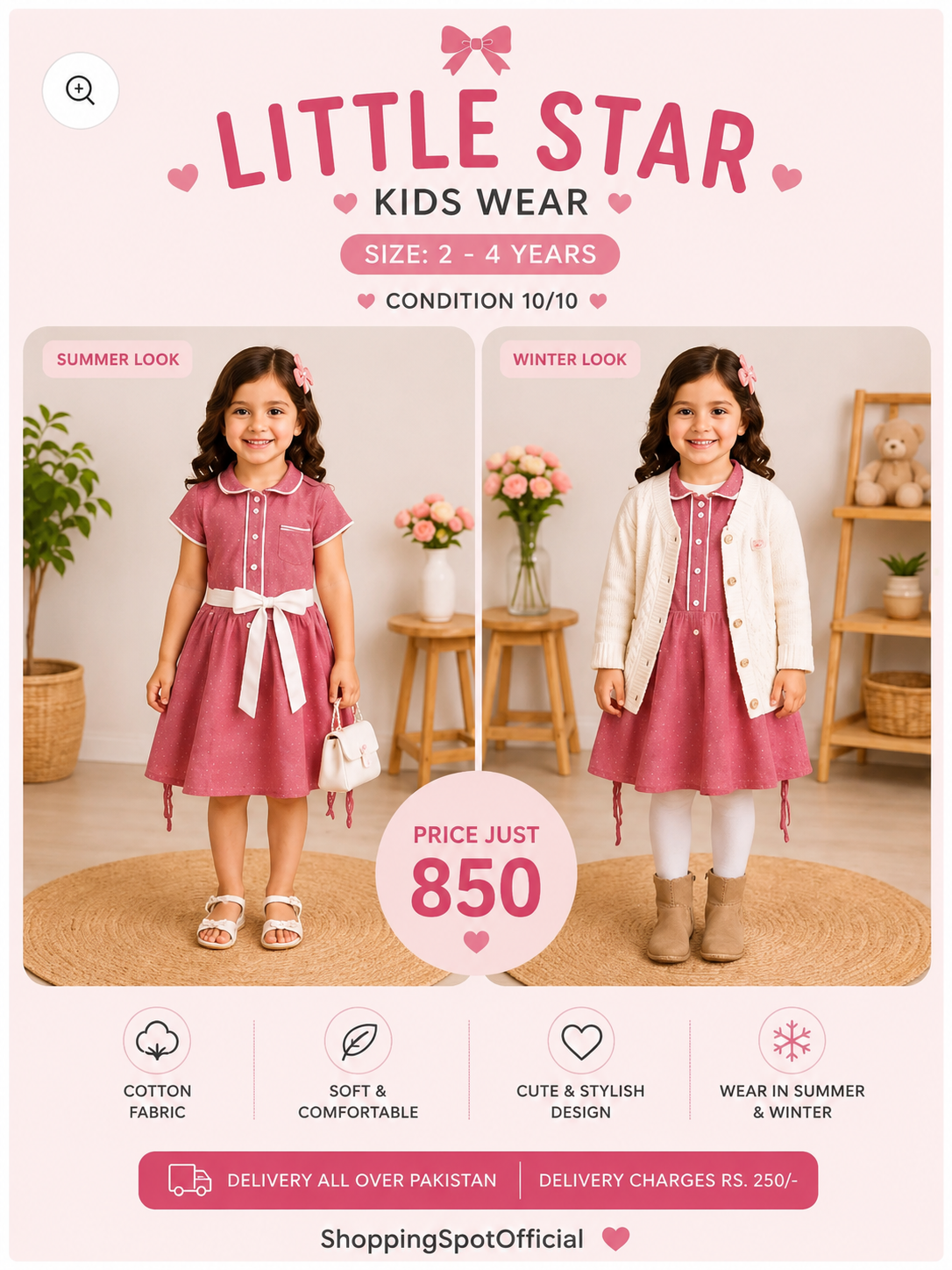 Little Star Kids Wear Girls Pink Collared Dress