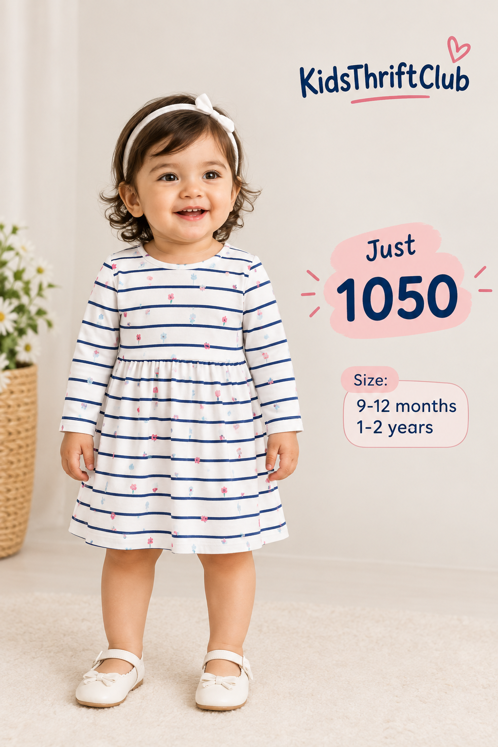 KidsThriftClub White Striped Long-Sleeve Dress with Floral Details for Baby Girls