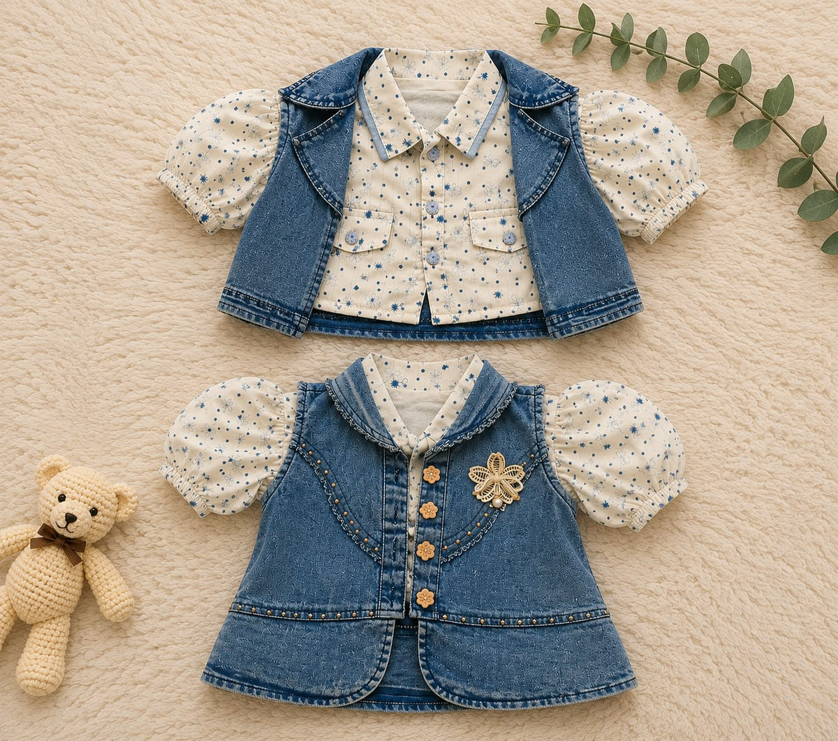 2-Piece Baby Girl Floral Collared Shirt and Denim Waistcoat Set