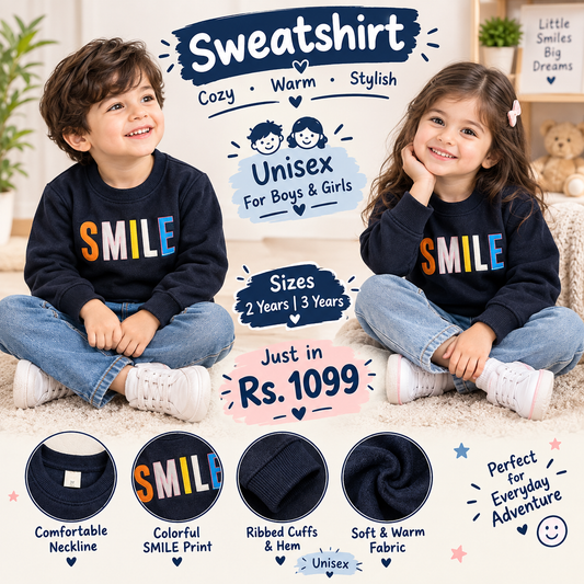 Navy Blue "SMILE" Graphic Winter Sweatshirt for Kids | Cozy Unisex Pullover
