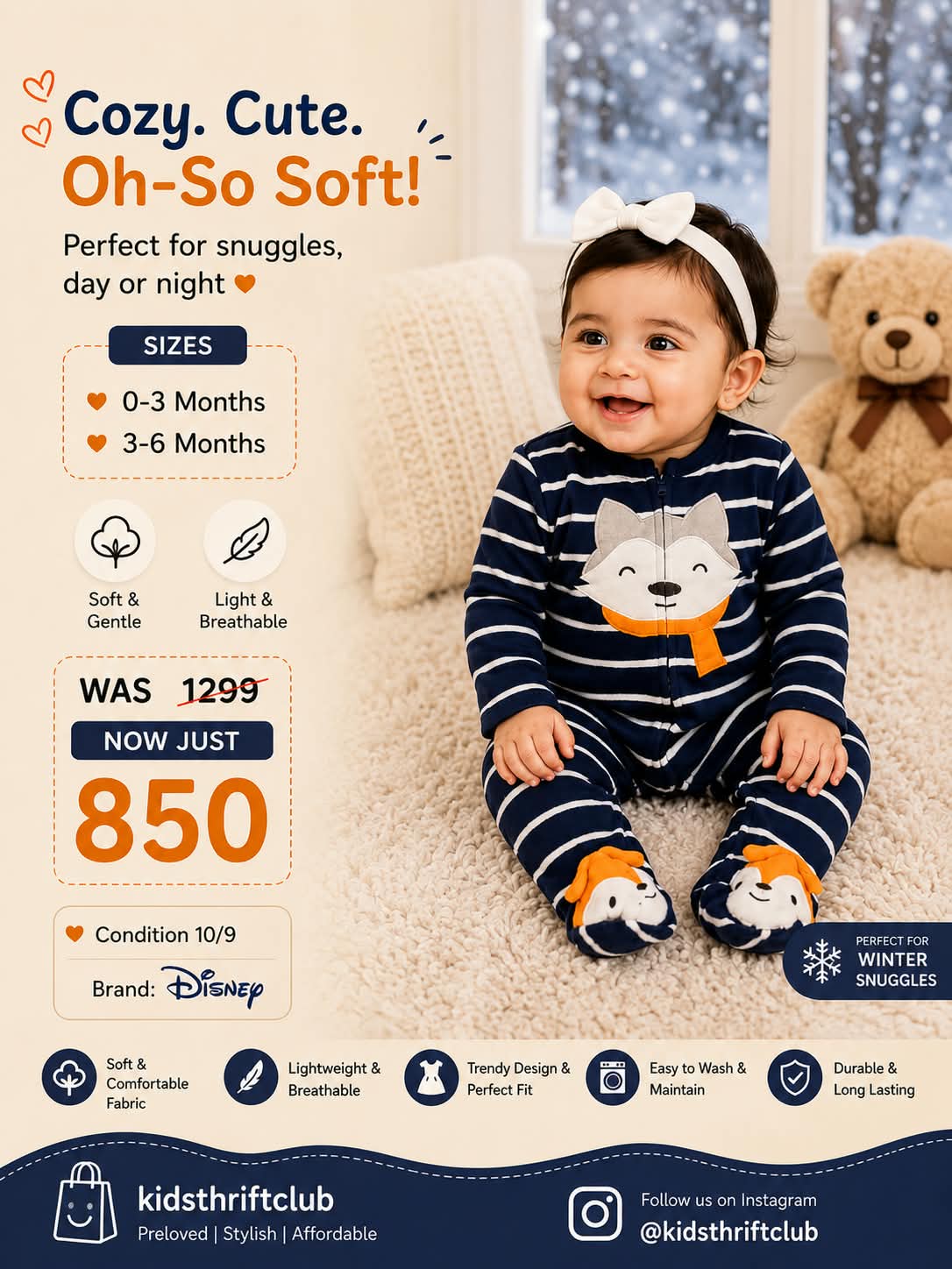 Disney Baby Navy Striped Fox Footed Sleepsuit – Long-Sleeve Romper