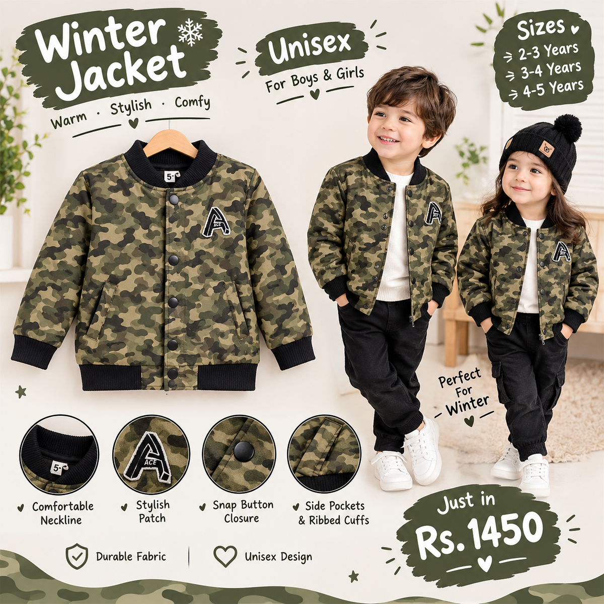 Camo Print Bomber Winter Jacket for Kids | Cozy Unisex Button-Up Outerwear
