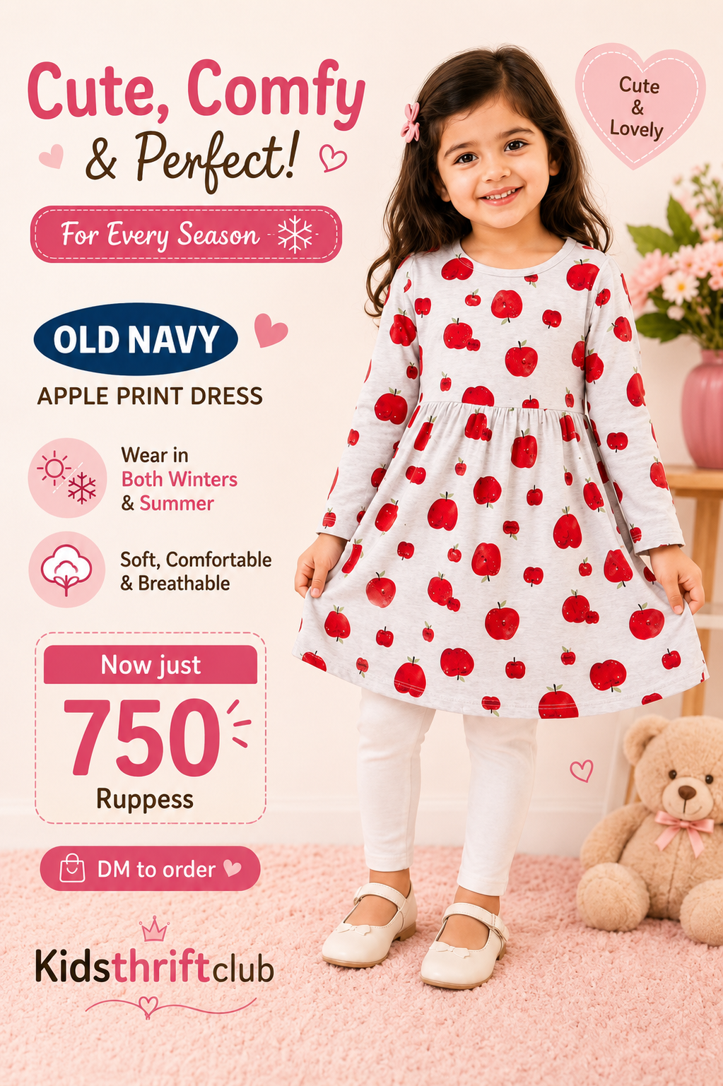 Old Navy Apple Print Girls Dress – Soft Cotton Casual Dress