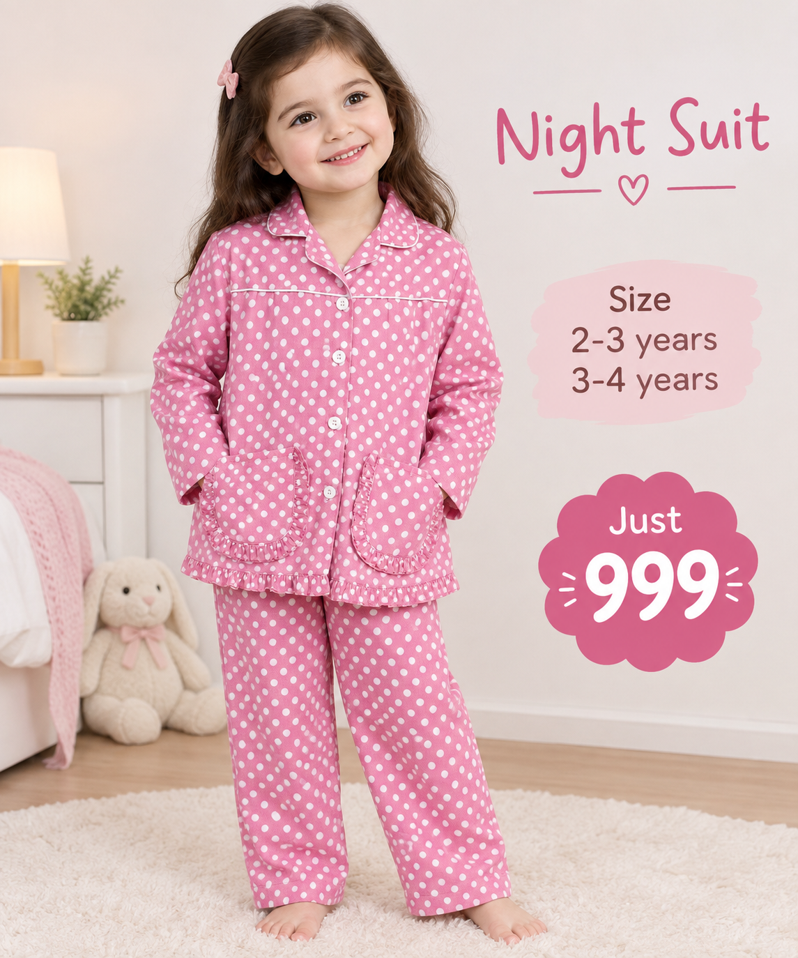 Pink Polka Dot Cotton Night Suit for Girls