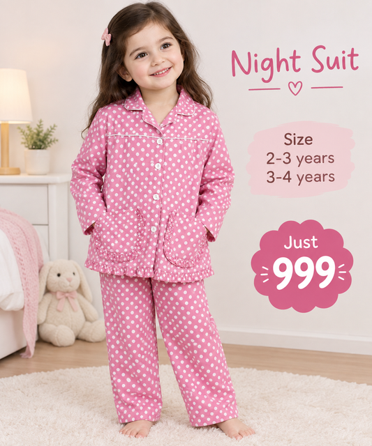 Pink Polka Dot Cotton Night Suit for Girls