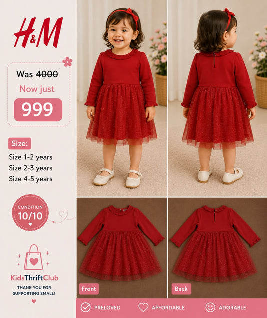 Official H&M Crimson Red Sparkle Net Dress for Toddler Girls (1-5 Years)