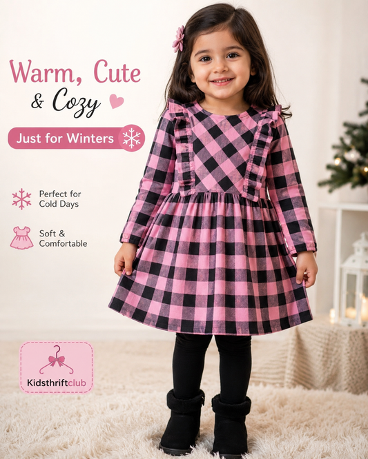 Girls Pink & Black Plaid Ruffle Winter Dress