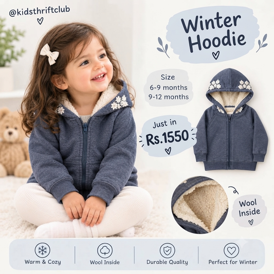 Blue Floral Trim Winter Hoodie for Baby Girls | Cozy Wool-Lined Zip-Up Jacket