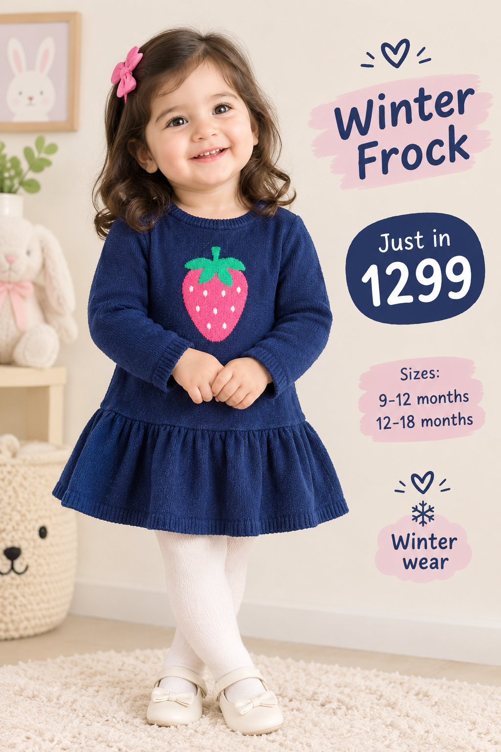 Navy Blue Strawberry Knit Winter Frock for Baby Girls