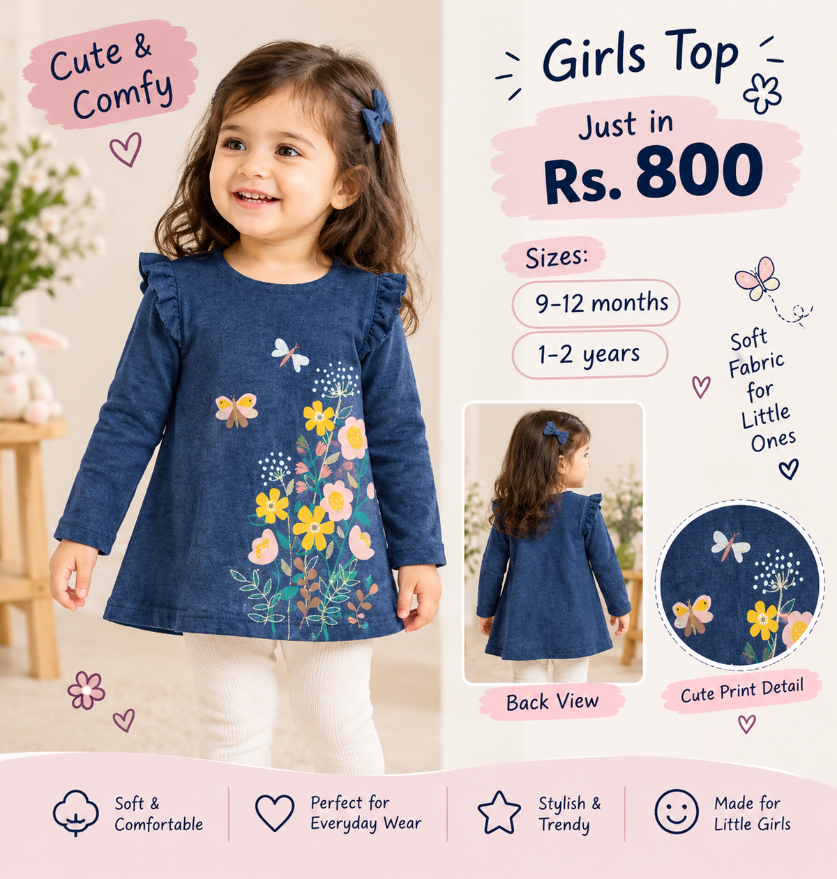 Blue Floral and Butterfly Print Long-Sleeve Girls Top