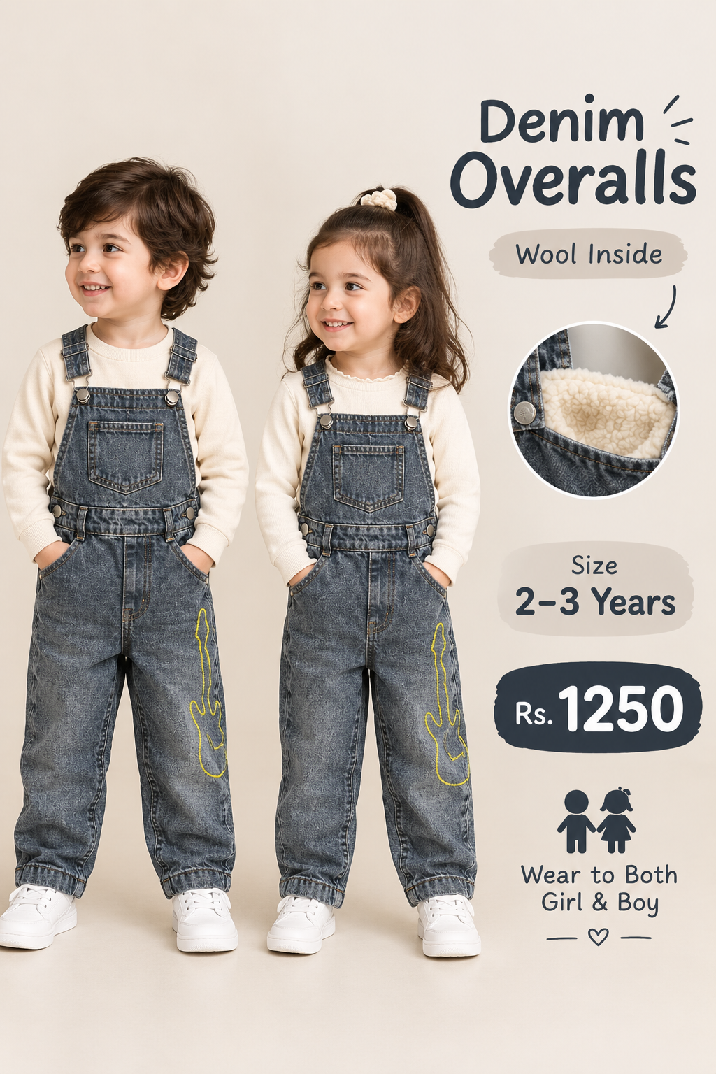 Unisex Denim Overalls with Wool Lining for Kids