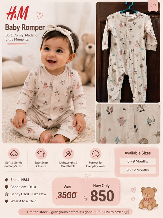 H&M Baby Long-Sleeve Woodland Animal Romper – Soft Cotton Sleepsuit