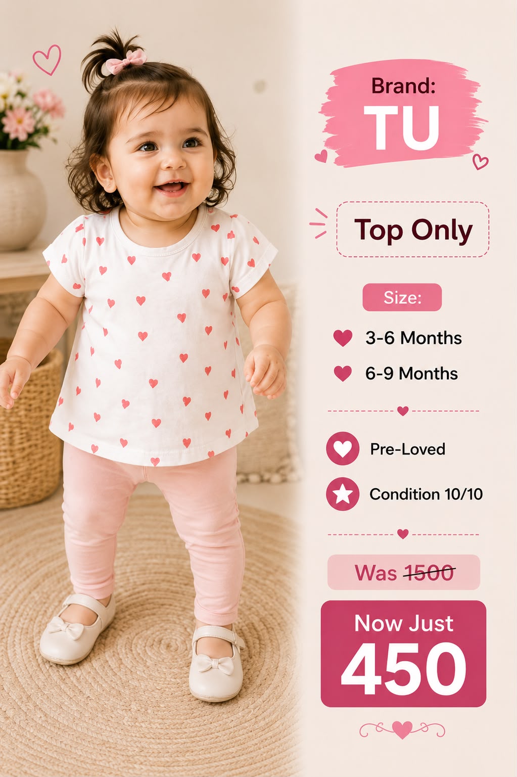 TU Baby Girls Pink Heart Print Cotton T-Shirt – Short Sleeve Top