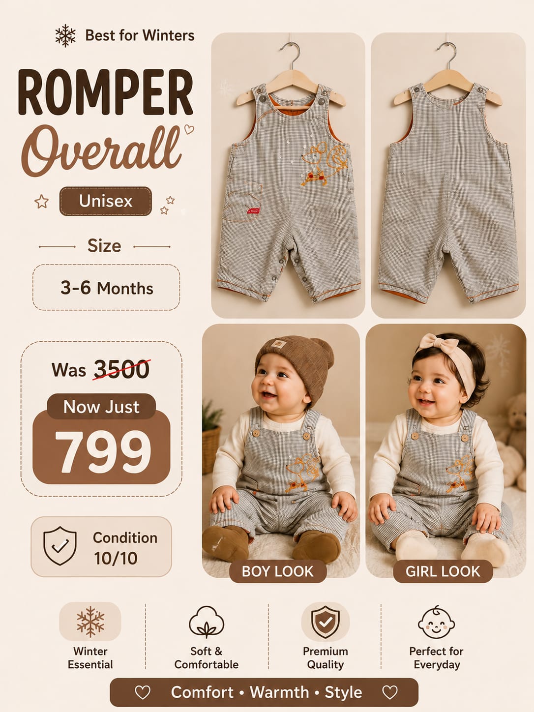 Baby Winter Plaid Romper Overall (3–6 Months) – Unisex Warm Dungaree Set