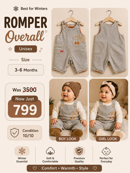 Baby Winter Plaid Romper Overall (3–6 Months) – Unisex Warm Dungaree Set
