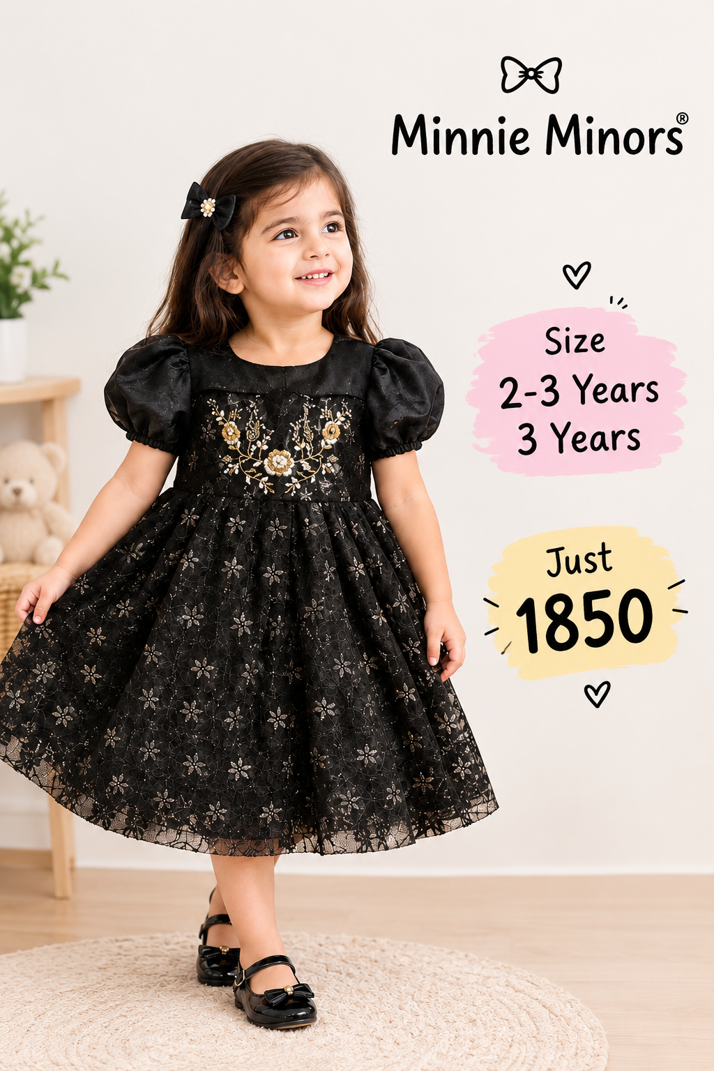 Minnie Minors Black Embroidered Festive Frock for Girls
