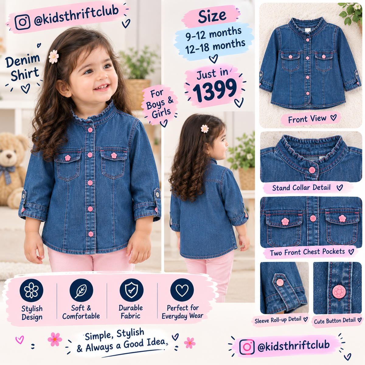 Denim Shirt for Baby Girls | Cute Blue Denim Top with Flower Buttons