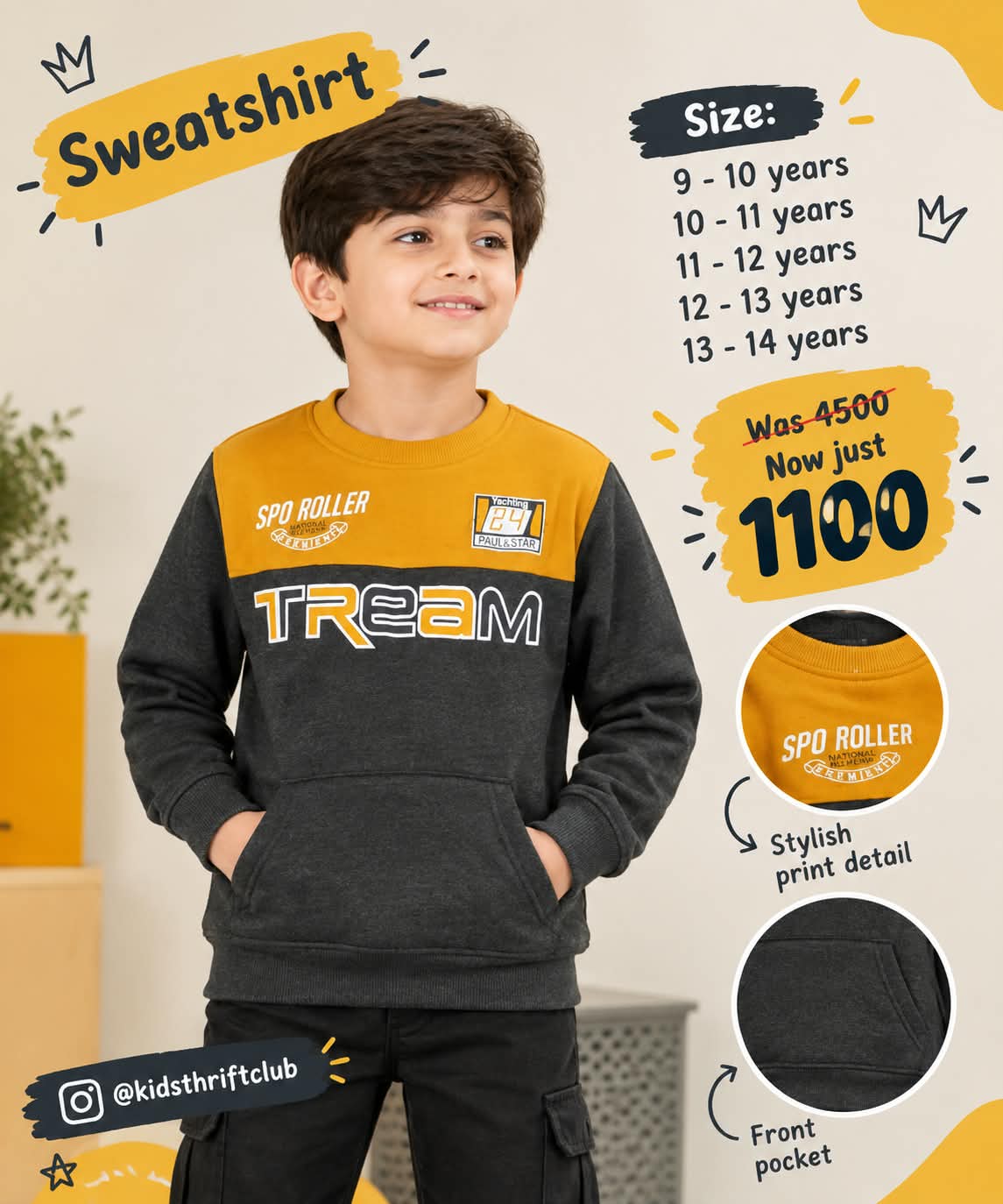 Tream Mustard and Charcoal Colorblock Sweatshirt for Boys