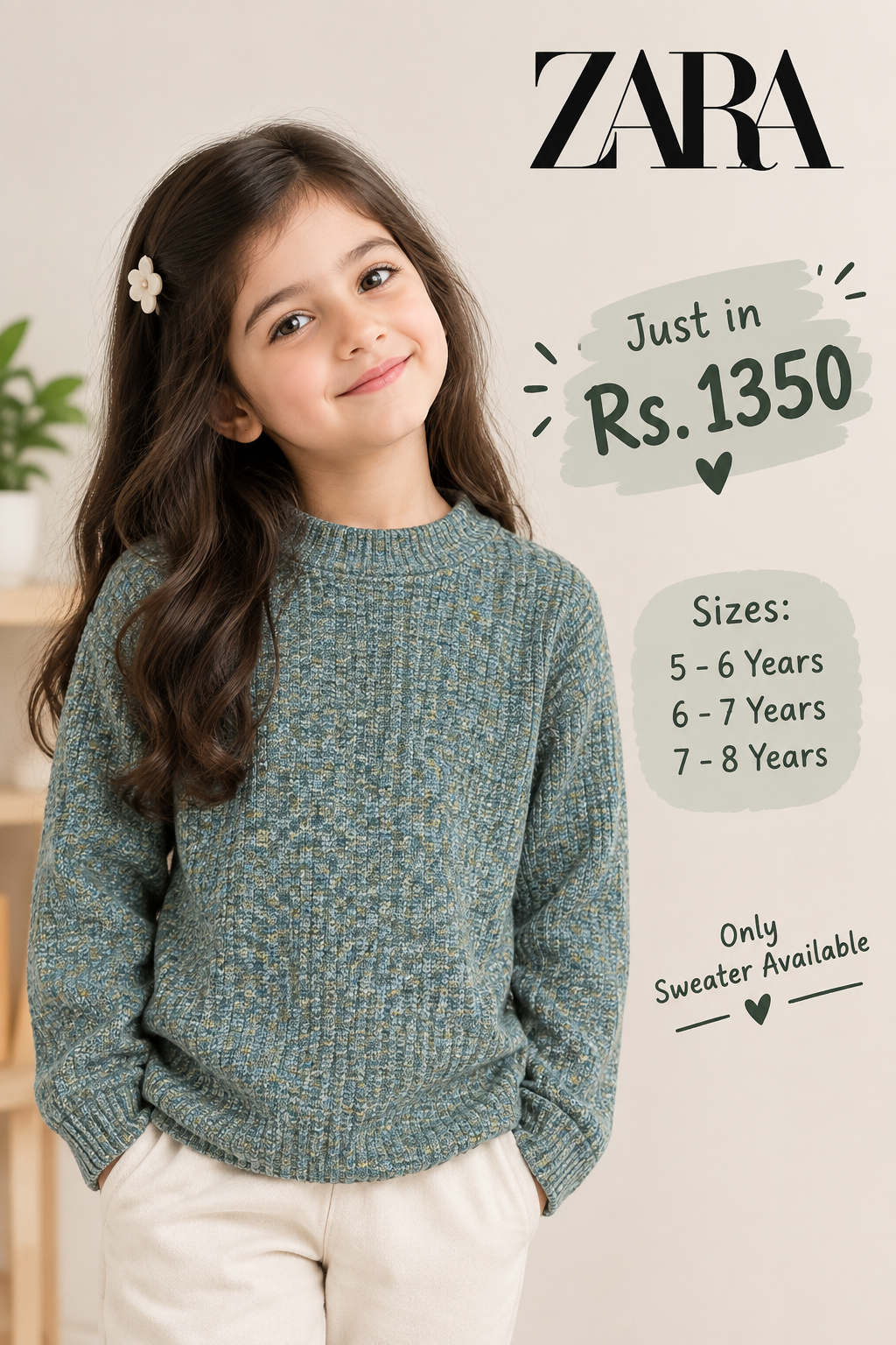 Zara Sage Green Ribbed Knit Pullover Sweater for Girls