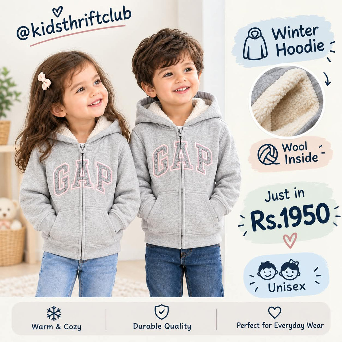 Gray Fur-Lined Winter Hoodie for Kids | Cozy Unisex Zip-Up Sweatshirt
