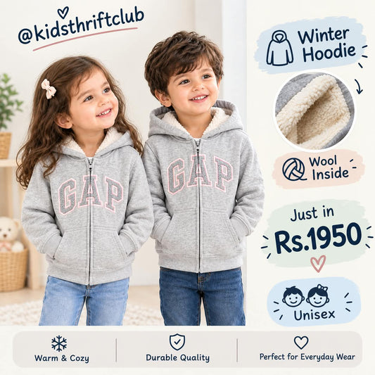 Gray Fur-Lined Winter Hoodie for Kids | Cozy Unisex Zip-Up Sweatshirt