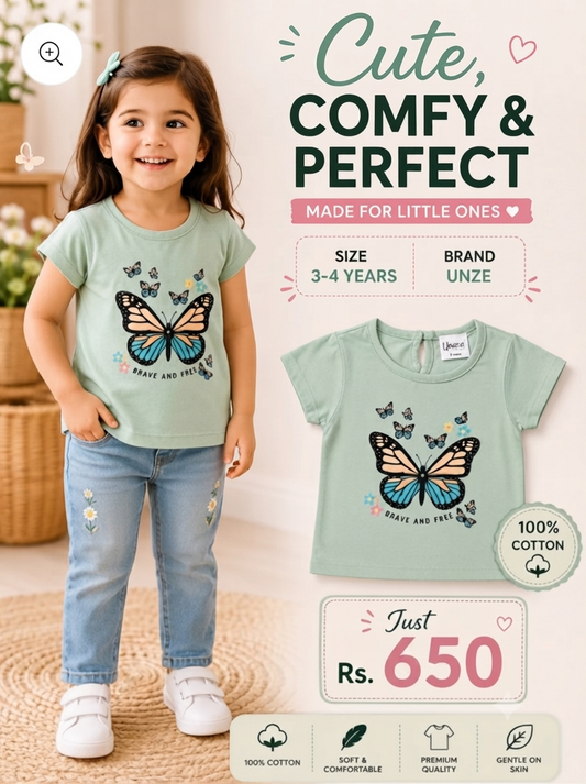 Unze Girls Butterfly Cotton T-Shirt | Mint Green Tee (3–4 Years)