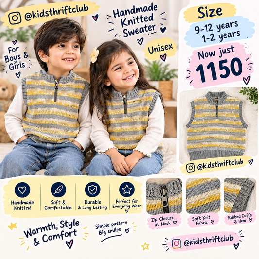 Handmade Knitted Kids Sweater Vest – Unisex Striped Winter Pullover
