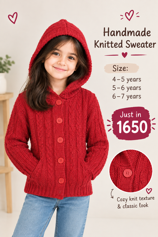 Red Handmade Knitted Hoodie baby sweater for Kids | Cozy Button-Up Winter Outerwear