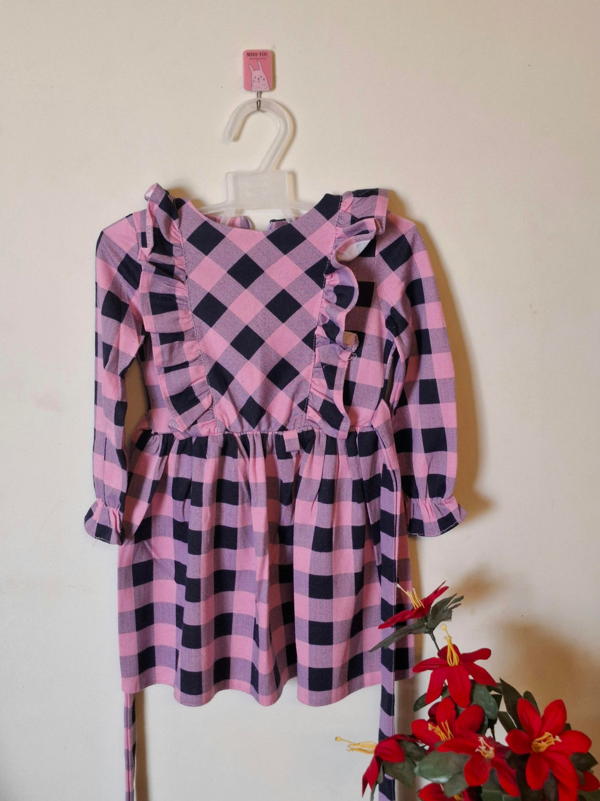 Girls Pink & Black Plaid Ruffle Winter Dress