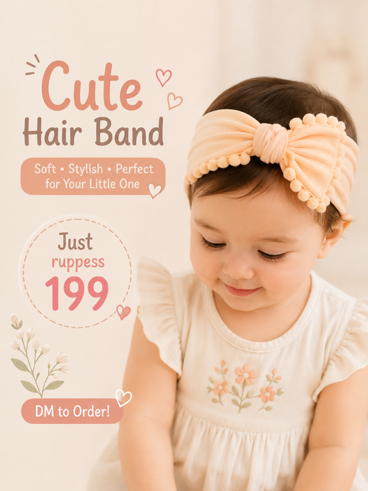 Soft Stretchy Peach Pom-Pom Trim Baby Bow Headband – Wide Infant Hairband