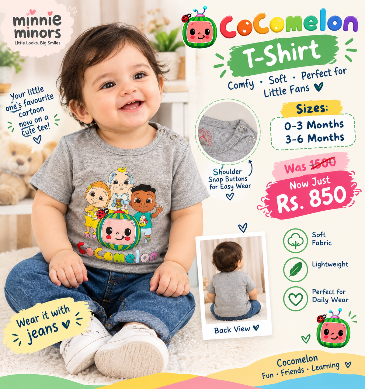 Minnie Minors CoComelon Grey Graphic T-Shirt for Babies