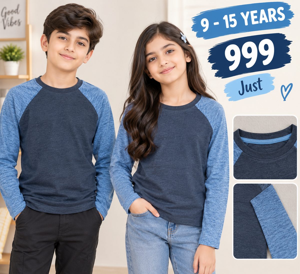 Unisex Blue Raglan Long-Sleeve T-Shirt for Kids