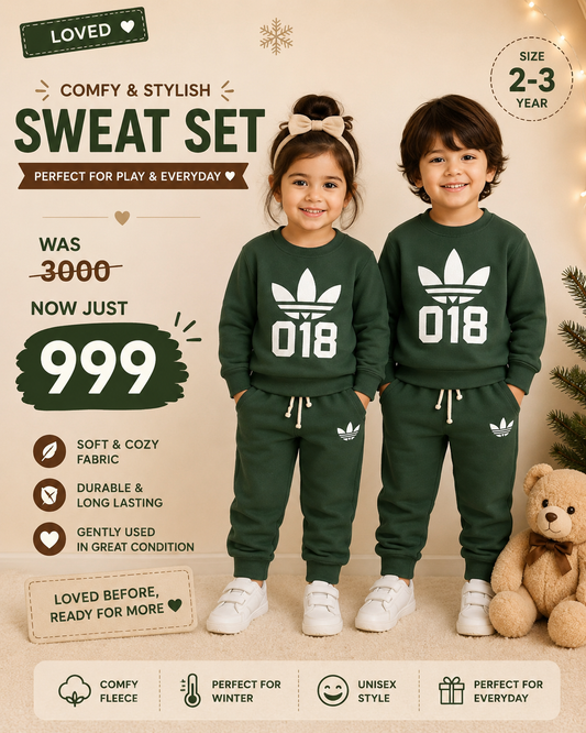 Unisex Dark Green Fleece Sweatshirt & Joggers Set (2–3 Years) – Kids Winter Tracksuit