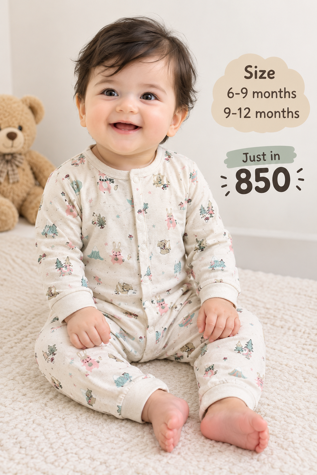 H&M Beige Woodland Bunny and Tree Print Baby Romper for Infants