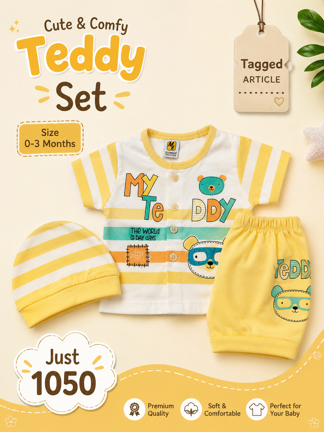 Unisex Yellow Teddy Printed 2-Piece Clothing Set with Cap